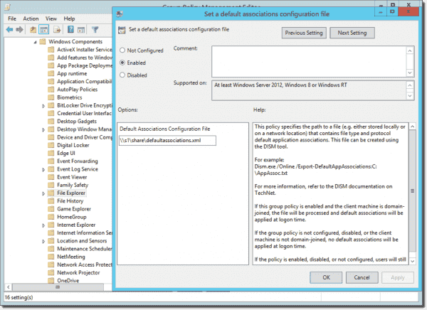 Setting a default associations configuration file